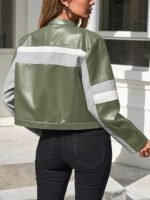 Womens Cropped Moto Biker Jackets Faux Leather Bomber Jacket Color Block