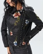 Women's Black Faux Leather Biker Jacket with Floral Embroidery and Studded Detailing - Image 4