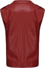 Men's Red Faux Leather Sleeveless Biker Vest with Zipper and Belt