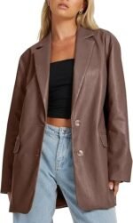 Effortless Elegance Brown Faux Leather Blazer for Women - Image 2