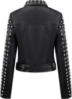 Women’s Black Faux Leather Studded Moto Biker Jacket with Belted Waist