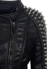 Women’s Black Faux Leather Studded Spike Moto Biker Jacket - Image 4
