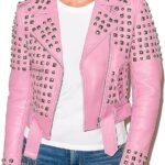 Women’s pink Faux Leather Studded Moto Biker Jacket Edgy Punk Rock Style