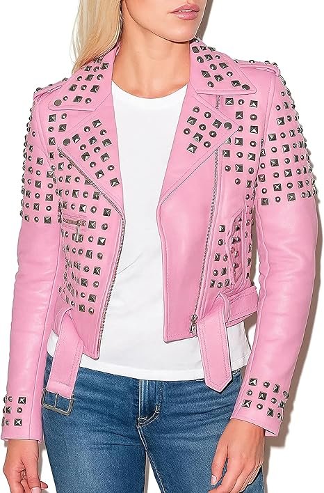 Women’s pink Faux Leather Studded Moto Biker Jacket Edgy Punk Rock Style Women’s pink Faux Leather Studded Moto Biker Jacket Edgy Punk Rock Style