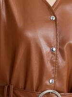 Faux Leather Trench Coat for Women's 3/4 Sleeve Button Down V Neck - Image 5