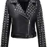 Women’s Black Faux Leather Studded Moto Biker Jacket with Belted Waist