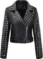 Women’s Black Faux Leather Studded Moto Biker Jacket with Belted Waist