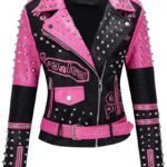 Women’s Pink & Black Faux Leather Studded Punk Biker Jacket