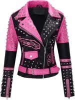 Women’s Pink & Black Faux Leather Studded Punk Biker Jacket