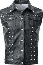 Men's Black Studded Faux Leather Sleeveless Biker Vest