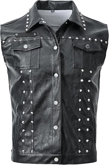 Men's Black Studded Faux Leather Sleeveless Biker Vest