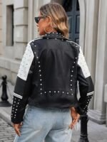Women’s Black & White Faux Leather Studded Graffiti Moto Biker Jacket
