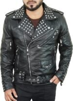 Men's Black Leather Biker Jacket with Silver Studded Collar and Belted Waist - Image 2