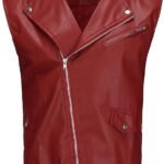 Men's Red Faux Leather Sleeveless Biker Vest with Zipper and Belt