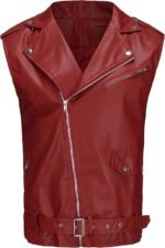 Men's Red Faux Leather Sleeveless Biker Vest with Zipper and Belt