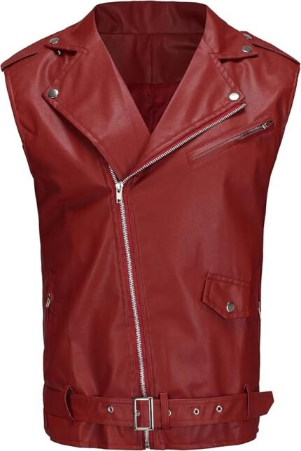 Men's Red Faux Leather Sleeveless Biker Vest with Zipper and Belt
