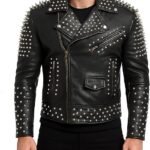 Men's Black Leather Biker Jacket with Silver Studs and Spikes Detailing