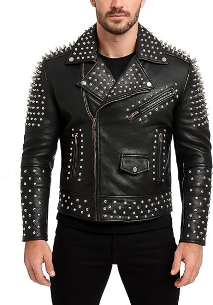 Men's Black Leather Biker Jacket with Silver Studs and Spikes Detailing