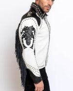 Men's White and Black Leather Biker Jacket with Silver Studs and Fringe - Image 2