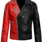 Men's Red and Black Leather Biker Jacket with Silver Studs