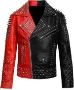 Men's Red and Black Leather Biker Jacket with Silver Studs