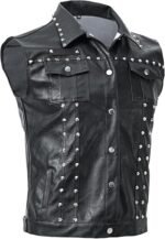Men's Black Studded Faux Leather Sleeveless Biker Vest - Image 2