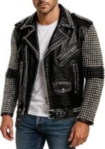 Men's Black Leather Biker Jacket with Silver Pyramid Studded Sleeves - Image 2