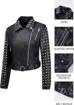 Women’s Black Faux Leather Studded Moto Biker Jacket with Belted Waist - Image 2