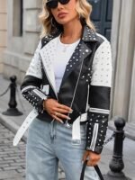 Women’s Black White Faux Leather Studded Graffiti Moto Biker Jacket - Image 5