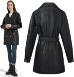 Black Women’s Leather Trench Coat Classic Long Overcoat Stylish Outerwear
