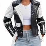 Women’s Black & White Faux Leather Studded Graffiti Moto Biker Jacket