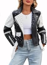 Women’s Black & White Faux Leather Studded Graffiti Moto Biker Jacket