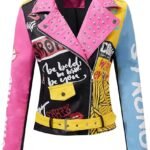 Women’s Colorblock Faux Leather Studded Graffiti Moto Biker Jacket with Belt