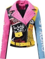Women’s Colorblock Faux Leather Studded Graffiti Moto Biker Jacket with Belt