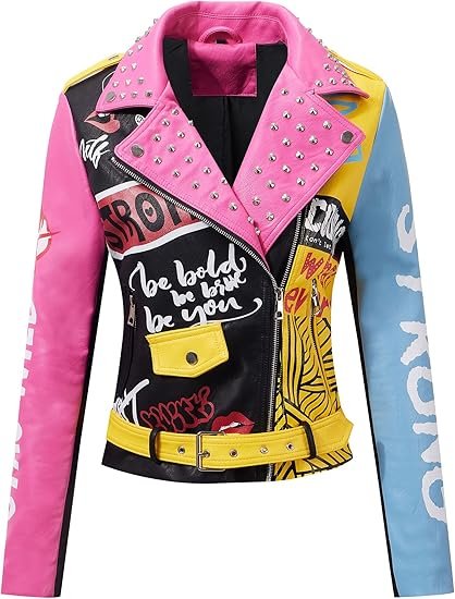 Women’s Colorblock Faux Leather Studded Graffiti Moto Biker Jacket with Belt