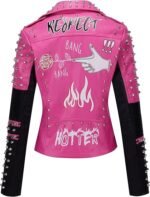Women’s Pink & Black Faux Leather Studded Punk Biker Jacket - Image 3