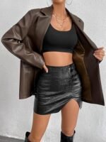  Womens Faux Leather Blazer Jacket Moto Biker Coat Long Sleeves Button - Image 3