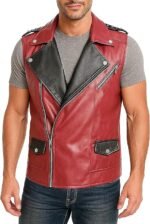 Men's Stylish Red and Black Leather Sleeveless Biker Vest