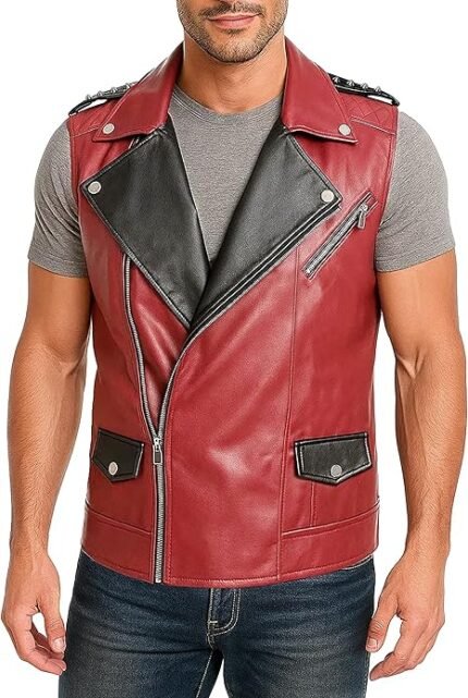 Men's Stylish Red and Black Leather Sleeveless Biker Vest