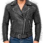 Men's Black Leather Biker Jacket with Full Silver Studs and Long Spike