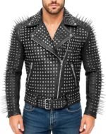 Men's Black Leather Biker Jacket with Full Silver Studs and Long Spike