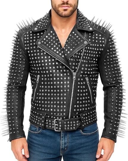 Men's Black Leather Biker Jacket with Full Silver Studs and Long Spike