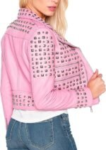 Women’s pink Faux Leather Studded Moto Biker Jacket Edgy Punk Rock Style - Image 2