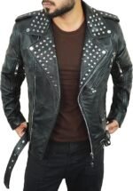 Men's Black Leather Biker Jacket with Silver Studded Collar and Belted Waist - Image 3