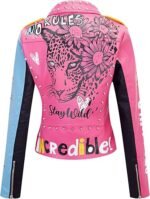Women’s Colorblock Faux Leather Studded Graffiti Moto Biker Jacket with Belt