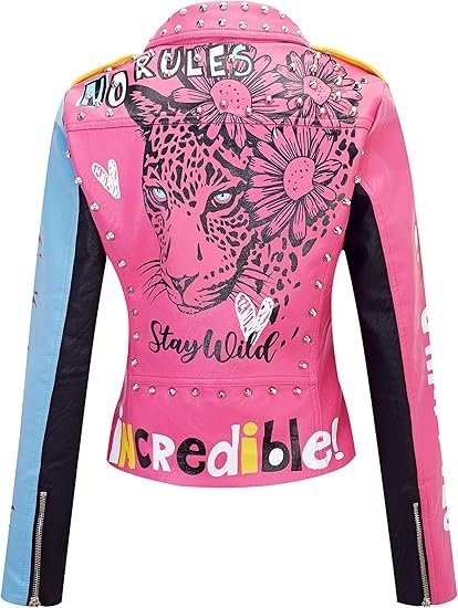 Women’s Colorblock Faux Leather Studded Graffiti Moto Biker Jacket with Belt