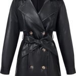 Black Women’s Leather Trench Coat Classic Long Overcoat Stylish Outerwear