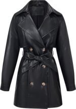 Black Women’s Leather Trench Coat Classic Long Overcoat Stylish Outerwear