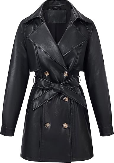 Black Women’s Leather Trench Coat Classic Long Overcoat Stylish Outerwear