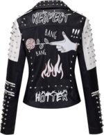 Women’s Black & White Faux Leather Studded Graffiti Moto Biker Jacket